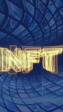 Mavi dijital ekranlardan oluşan tünel üzerinde Nft animasyonu. dijital kaynaklar ve teknoloji konsepti dijital olarak oluşturulmuş video.