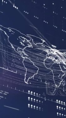 Işık noktasının üzerinde veri işleme arayüzü ve mavi arkaplanda dönen küre animasyonu. İş veri teknolojisi kavramı