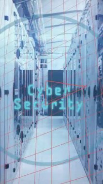 Bilgisayar sunucularıyla teknoloji odasını tarama ve tarama alanının animasyonu. Küresel teknoloji bağlantıları ve dijital arayüz konsepti dijital olarak oluşturulmuş video.