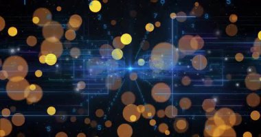 Merkezi mavi düğümler, yayılan şebeke, sürüklenen daireler akışı görselleştiren basamaklar. Teknoloji, siber güvenlik, fütüristik, veri görselleştirme, dijital ağ, yenilik, soyut sanat