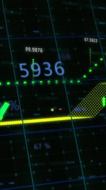 Mavi arkaplan ile şebeke üzerinden istatistiksel ve mali veri işleme animasyonu. Küresel finans ve iş veri teknolojisi kavramı