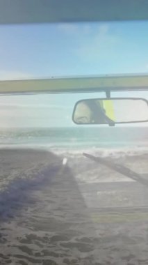 Animation of dots over caucasian woman in care on beach. Holidays, vacations and relax concept digitally generated video.