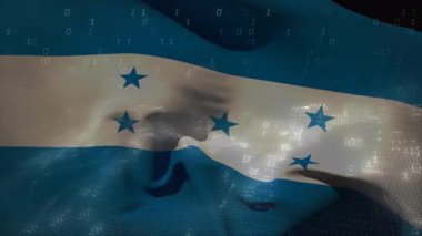 Hafif esinti dalgalı Honduras bayrağına neden oluyor, ikili rakamlar yukarı doğru akarak dijital ızgara oluşturuyor. Vatanseverlik, teknoloji, dijital, soyut, hareket, veri, yenilik