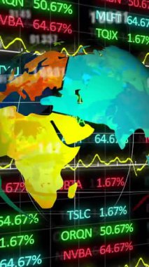 Siyah arkaplan üzerinden küresel ve finansal veri işleme animasyonu. Küresel iş, bağlantılar, bulut hesaplama ve veri işleme kavramı dijital olarak oluşturulmuş video.
