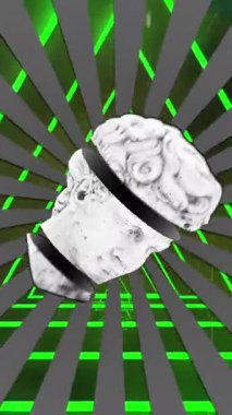 Siyah arkaplandaki neon tünelin üzerine dilimlenmiş antik kafa heykellerinin animasyonu. Soyut, sanat, renk ve hareket konsepti dijital olarak oluşturulmuş video.