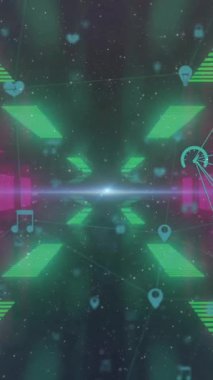 Siyah arkaplandaki neon şekillerin üzerindeki simgelerle bağlantı ağının animasyonu. Küresel bağlantılar, teknoloji, hesaplama ve dijital arayüz kavramı dijital olarak oluşturulmuş video.