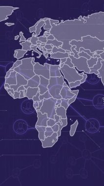 Dünya haritası ve karanlık arkaplan üzerinde veri işleme ve ağların animasyonu. Küresel finans, iş, bağlantılar, hesaplama ve veri işleme kavramı dijital olarak oluşturulmuş video.