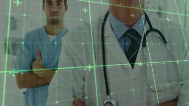 Tıbbi ikilinin etrafında yeşil şebeke var. Gövdeleri tarıyor ve tamamlandığını onaylıyor. Tıbbi, sağlık, teknoloji, tanı, hastane, işbirliği, gelecekçilik