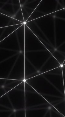 Siyah arkaplan üzerinde parlayan düğümlerle bağlantı ağının animasyonu. Dijital olarak oluşturulmuş küresel bağlantılar, hesaplama ve veri işleme kavramı.