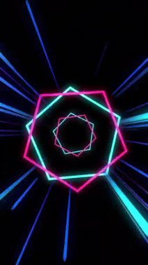 Neon şekillerin animasyonu ve veri transferinin ışıldayan ışık yollarının tüneli. Küresel hesaplama, transfer ve veri işleme kavramı dijital olarak oluşturulmuş video.