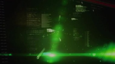 Karanlık boşlukta açılıyor, yatay yeşil ışın süpürüyor, paneller görsel veri arayüzünü döndürüyor. Fütürist, dijital, teknoloji, arayüz, siber alan, soyut, veri