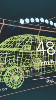 Araç arayüzündeki hız göstergesi, GPS ve durum verilerinin animasyonu, 3d 'den fazla minibüs modeli. Ulaşım ve teknoloji, mühendislik tasarımı ve dijital arayüz konsepti dijital olarak oluşturulmuş video.