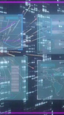 Havai fişeklerin üzerinde veri işleme ve hareket eden sütunların animasyonu. Küresel teknoloji, bilgisayar ve dijital arayüz kavramı dijital olarak oluşturulmuş video.