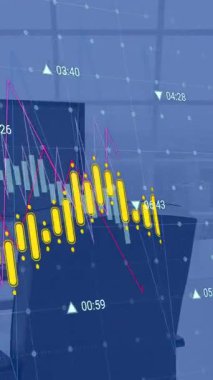 Animation of trading board and graph over desktops and keyboards on desk at office. Digital composite, multiple exposure, report, finance, stock market, investment, business and technology concept.