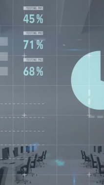 Boş ofis üzerinden finansal veri işleme animasyonu. Küresel iş, finans, bilgisayar ve dijital arayüz kavramı dijital olarak oluşturulmuş video.