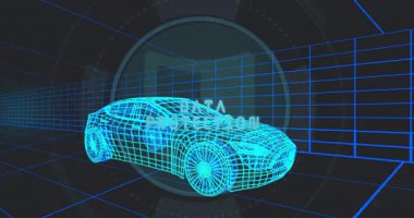 Neon mavisi telgraf aracı veri korumasını göstermek için daireler halinde HUD taraması alıyor. Gelecekçi, siber güvenlik, dijital, sanal, teknoloji, arayüz, yenilik