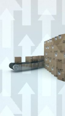 Karton kutular üzerinde beyaz oklar ve beyaz zemin üzerinde taşıyıcı şeritlerin canlandırılması. küresel sevkiyat, dağıtım ve alışveriş konsepti dijital olarak oluşturulmuş video.