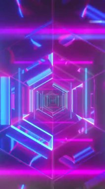 Siyah arkaplanda hareket eden şekillerin animasyonu. Retro gelecek ve dijital arayüz konsepti dijital olarak oluşturulmuş video.