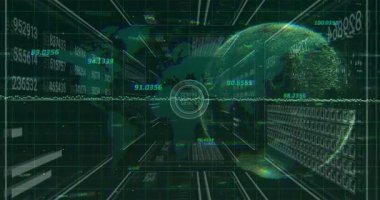 Belirsiz parlayan noktalar dönen holografik küreyi oluşturur, panelleri günceller verileri görselleştirir. Fütürist, dijital, görselleştirme, teknoloji, soyut, analitik, 3d