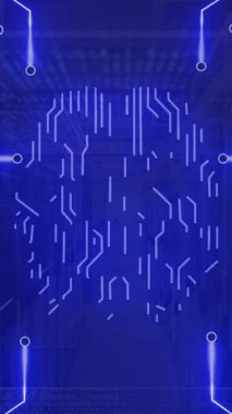 Sunucu odasındaki neon bağlantı ağının animasyonu. İş, teknoloji ve dijital arayüz kavramı dijital olarak oluşturuldu.