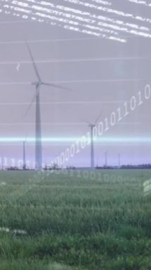 Rüzgar türbinleri üzerinde finansal veri işleme animasyonu. Küresel rüzgar enerjisi, iş, bağlantılar, hesaplama ve veri işleme kavramı dijital olarak oluşturulmuş video.