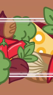 Yiyecek simgelerinin canlandırılması ve kahverengi arkaplan üzerine çerçeve. Dünya Gıda Günü ve dijital olarak üretilen video konsepti.