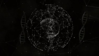 Parlayan nod kümesi ortaya çıkan bağlantı noktaları, dönen sarmal çiftin yanında dönen bir küre oluşturur. Fütürist, dijital, teknoloji, yenilik, soyut, siber, bağlantı