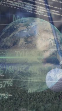 Animation of globe, statistics and financial data processing over golf course. Global sports, networks, computing and data processing concept digitally generated video.