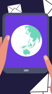 Animation of envelopes over hands using tablet. Social media, travel and digital interface concept digitally generated video.