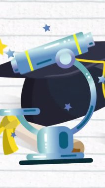 Okul simgeleri üzerinde konuşan kadın animasyonu. Ulusal danışmanlık ayı ve dijital olarak oluşturulan kutlama konsepti.