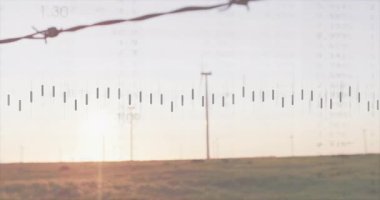 Çimenli çit direğinin üzerinden yükselen ve düşen şafak ışığı çizgi çizgisi izleme eğilimlerini gösteriyor. Peyzaj, analitik, yenilenebilir, finansal, veri, teknoloji, çevre