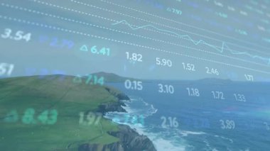 Başlangıçta, canlı yayın ile grafikleri kaydırarak kıyı kaydırma sayıları üzerinde finansal örtüşme. İzleme, analiz, veri görselleştirme, dijital, teknoloji, manzara, doğa