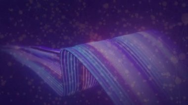 Dijital kurdele başlangıçta ortaya çıkar, renk dalgası parçacıkları salınarak pürüzsüz bir döngü oluşturur. Soyut, aydınlık, teknoloji, hareket, fütüristik, canlı, şablon