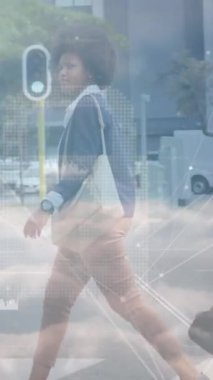 Animation of network of connections over woman with suitcase in city. Global networks, computing and data processing concept digitally generated video.