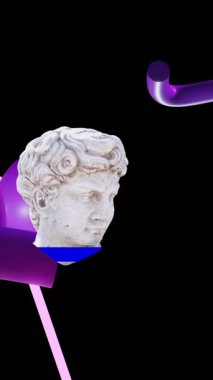 Antik heykellerin animasyonları soyut şekillere yönelir. Antika sanat, küresel bilgisayar, transfer ve veri işleme kavramı dijital olarak oluşturulmuş video.