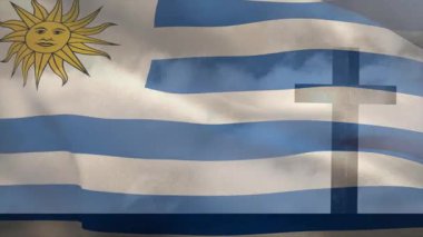 Uruguay bayrağını sallayan simülasyon esintisi Finlandiya 'yı çapraz olarak geçiyor ve ikili ekran için dalgalanmaya başlıyor. Hareket, dijital, dinamik, birlik, yenilik, sembolizm, işbirliği