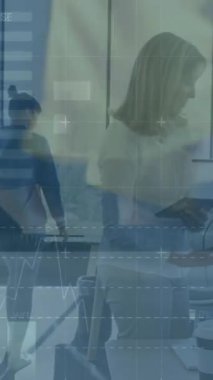 Animation of data processing over diverse business people walking and working in office. Global business and digital interface concept digitally generated video.