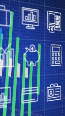 Finansal veri tabloları ve grafik animasyonları mavi arka plandaki çeşitli iş simgeleri üzerinde. Finans, ekonomi, istatistik, dijital, analitik, yatırım