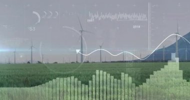 Dijital HUD merkezi türbin üzerinde kayıyor, çubuklar yükseliyor, sinüs dalgaları canlı izleme için sürükleniyor. Yenilenebilir kaynaklar, meteoroloji, analitik, fütürizm, denge, sürdürülebilir, çevresel