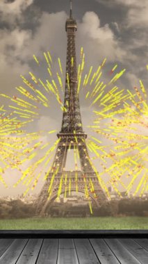 Paris 'in üzerinde nehirle birlikte sarı havai fişeklerin canlandırması. Küresel vatanseverlik, kutlama ve şehir, dijital olarak üretilen video.