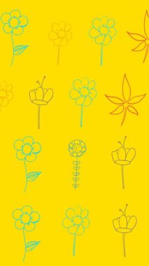 Sarı arkaplanda hareket eden çoklu kırmızı ve yeşil çiçeklerin animasyonu. desen, renk ve hareket konsepti dijital olarak oluşturulmuş video.