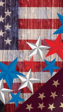 Amerikan bayrağı üzerinde gülümseyen kadın mezuniyetinin animasyonu. Vatanseverlik ve kutlama konsepti dijital olarak oluşturulmuş video.