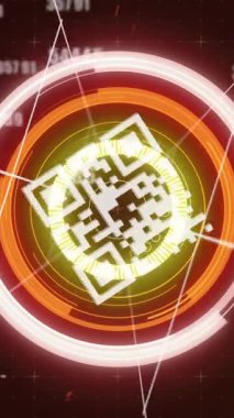 qr kodunun animasyonu, kapsam taraması ve arka plandaki ızgara üzerinde değişen numaralar. Dijital arayüz küresel bağlantı ve dijital olarak oluşturulan iletişim konsepti.