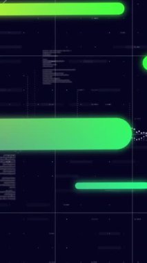 Grafikler, bilgisayar dili ve ızgara şablonu üzerinden çubukları hareket ettirme animasyonu. Dijital olarak üretilmiş, hologram, aydınlatılmış, rapor, iş, illüstrasyon, soyut, veritabanı ve teknoloji kavramı.