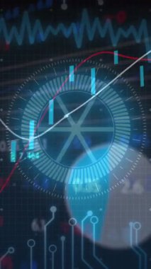 Animation of financial data processing over statistics. Global business, finances, digital interface, computing and data processing concept digitally generated video.