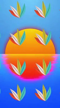 Animation of plants over sea and sun. Retro future and digital interface concept digitally generated video.