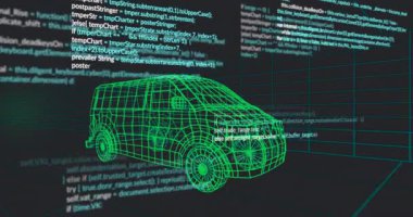 Şebekede kablo karavanın arkasında parola kaydırılıyor, yoğunlaşıyor sonra zayıflıyor, araç tasarımı ortaya çıkıyor. Teknoloji, siber güvenlik, 3D modelleme, dijital ortam, programlama, yenilik, fütürist