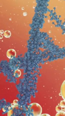 Turuncu arka planda DNA ipliği üzerinde baloncuk animasyonu. Bilim, tıp ve dijital arayüz kavramı dijital olarak oluşturulmuş video.