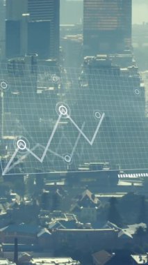 Animation of financial data processing over cityscape. Global business, finances, computing and data processing concept digitally generated video.