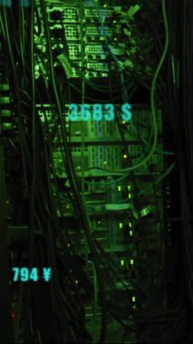 Bilgisayar sunucuları üzerinde dijital veri işleme animasyonu. Dijital olarak oluşturulmuş küresel bağlantılar, hesaplama ve veri işleme kavramı.